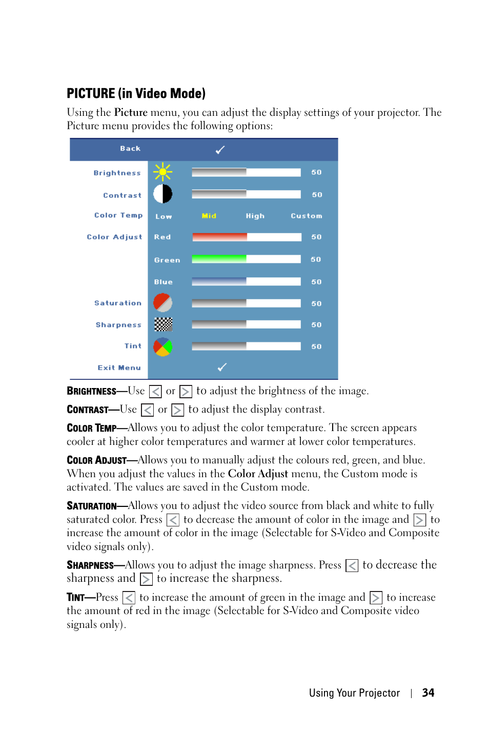 Picture (in video mode) | Dell 7609WU Projector User Manual | Page 34 / 62