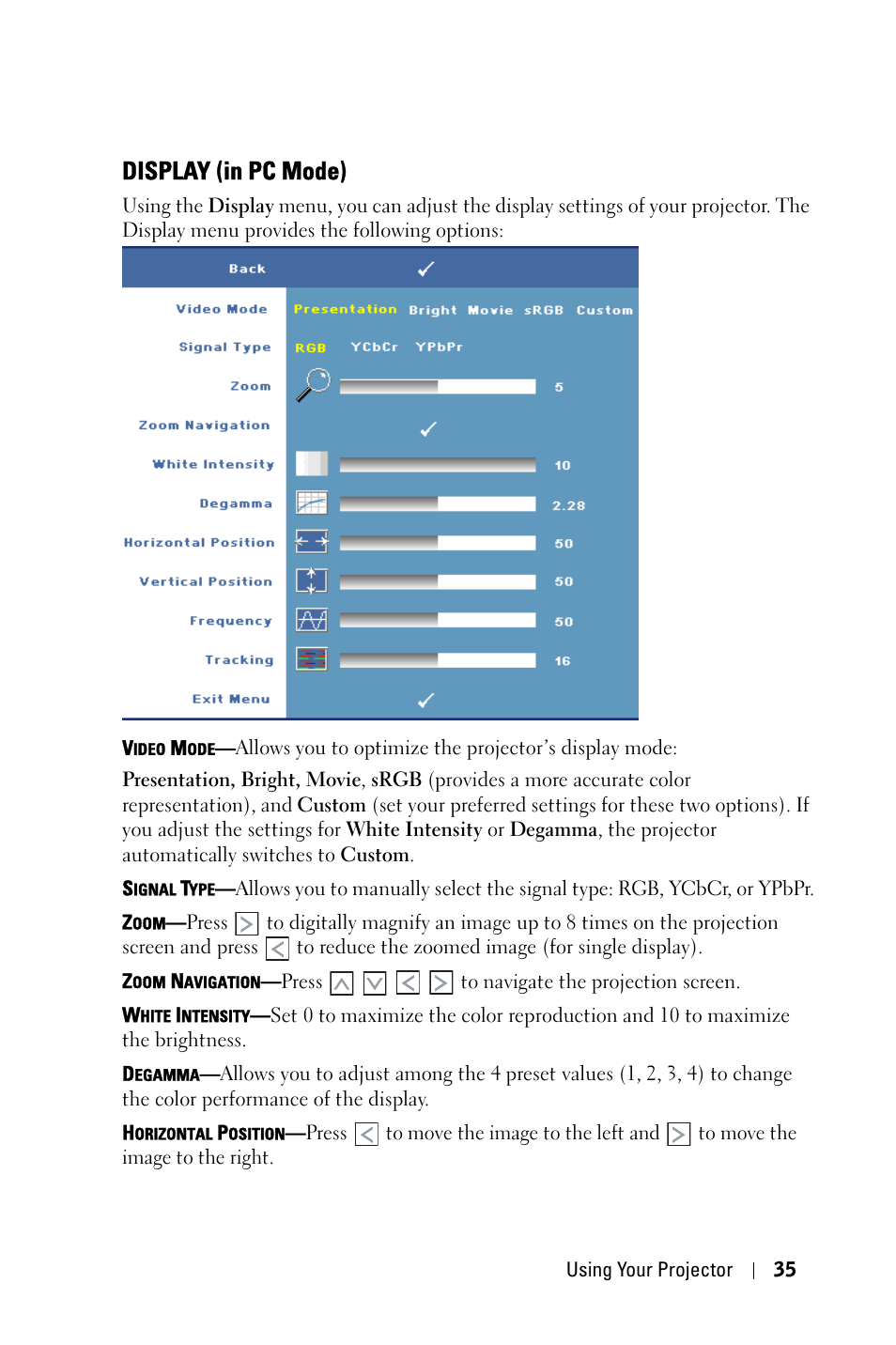 Display (in pc mode) | Dell 7609WU Projector User Manual | Page 35 / 62