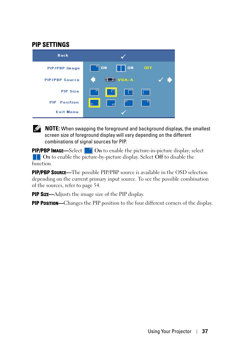 Pip settings | Dell 7609WU Projector User Manual | Page 37 / 62