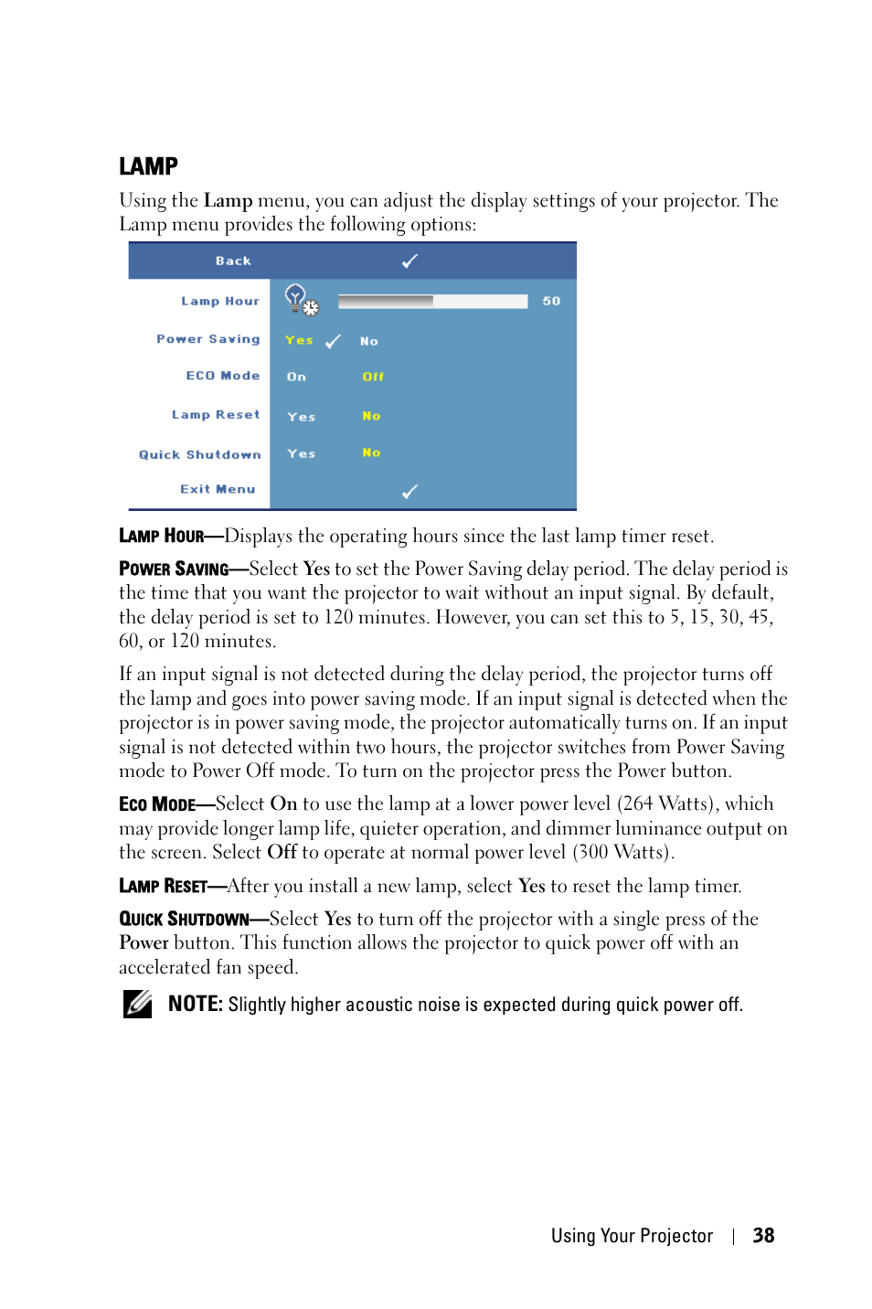 Lamp | Dell 7609WU Projector User Manual | Page 38 / 62