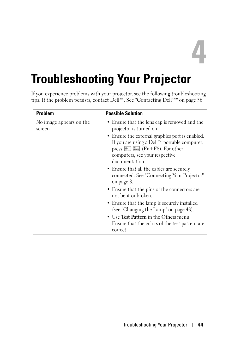 Troubleshooting your projector | Dell 7609WU Projector User Manual | Page 44 / 62