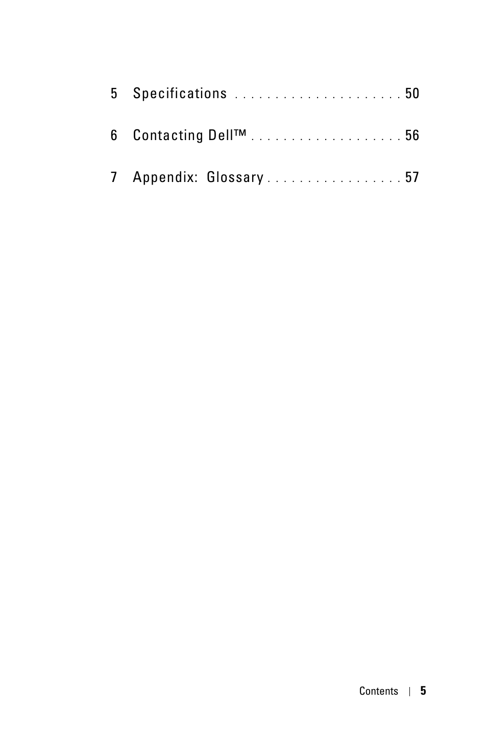 5 specifications 50, 6 contacting dell™ 56, 7 appendix: glossary 57 | 5 specifications, 50 6 contacting dell, 56 7 appendix: glossary | Dell 7609WU Projector User Manual | Page 5 / 62