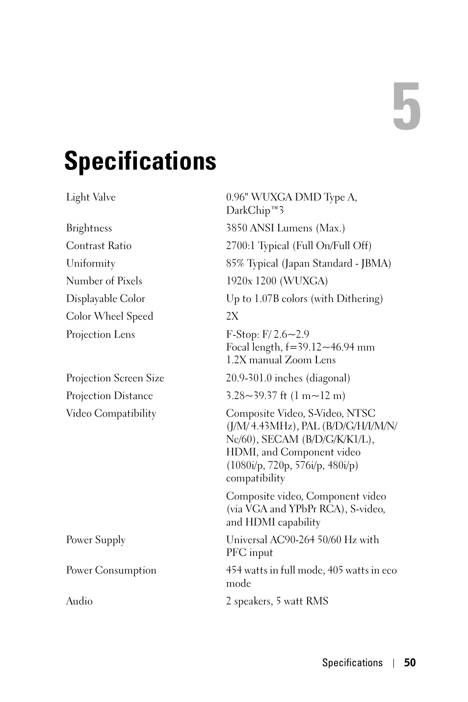 Specifications | Dell 7609WU Projector User Manual | Page 50 / 62