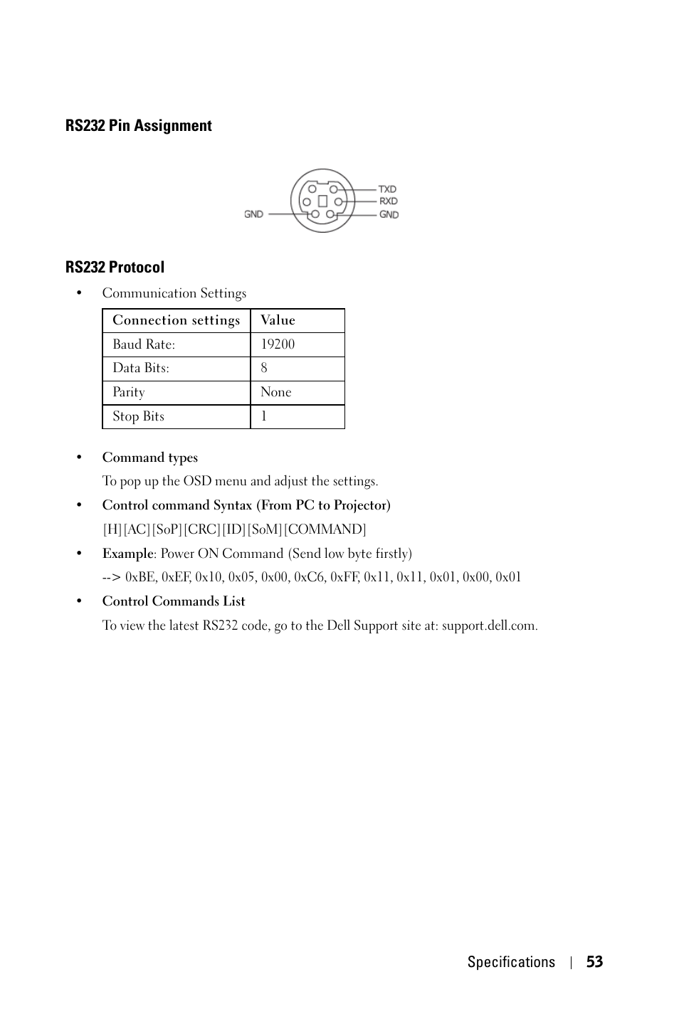 Rs232 pin assignment, Rs232 protocol | Dell 7609WU Projector User Manual | Page 53 / 62