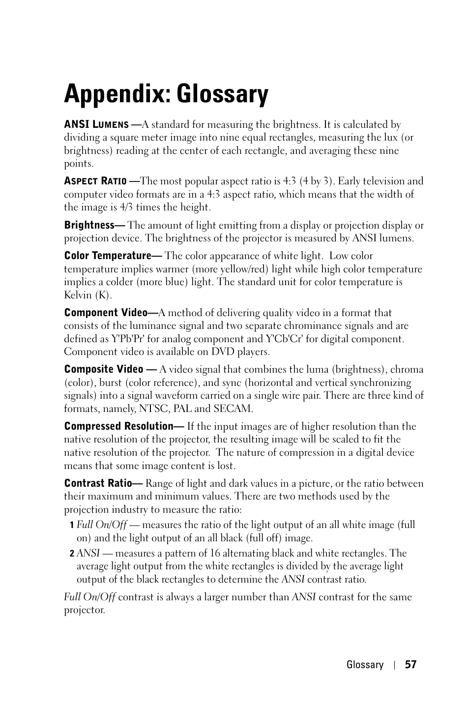 Appendix: glossary, Appendix, Glossary | Dell 7609WU Projector User Manual | Page 57 / 62