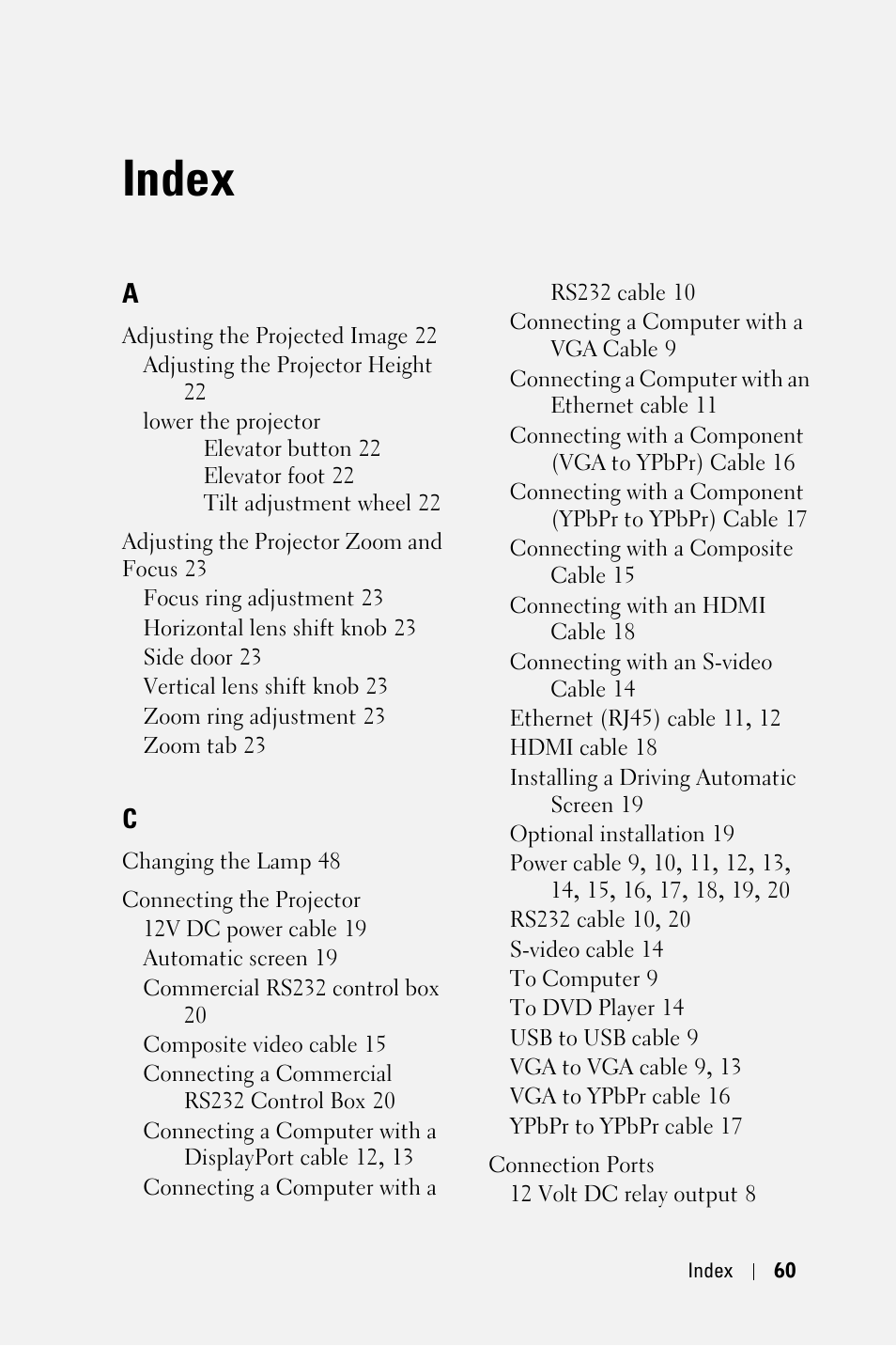 Index | Dell 7609WU Projector User Manual | Page 60 / 62