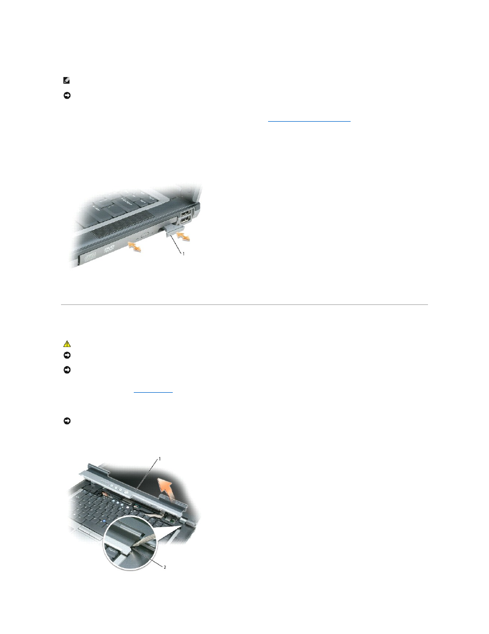 Hinge cover, Removing and installing media bay devices | Dell Precision M65 User Manual | Page 57 / 100