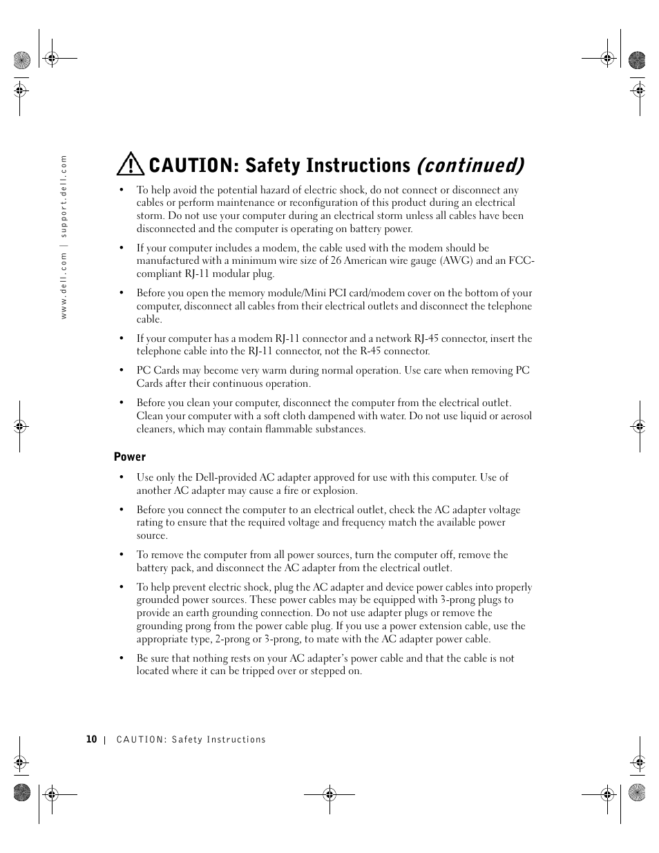 Power, Continued), Caution: safety instructions | Dell Inspiron 8200 User Manual | Page 10 / 162