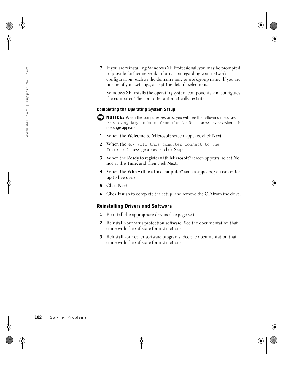 Reinstalling drivers and software | Dell Inspiron 8200 User Manual | Page 102 / 162