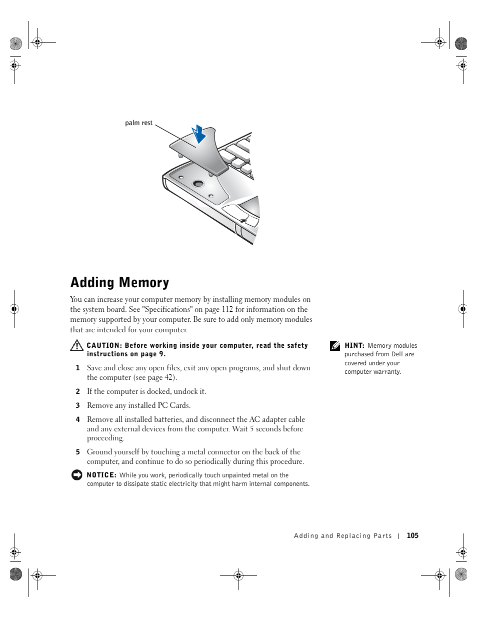 Adding memory | Dell Inspiron 8200 User Manual | Page 105 / 162