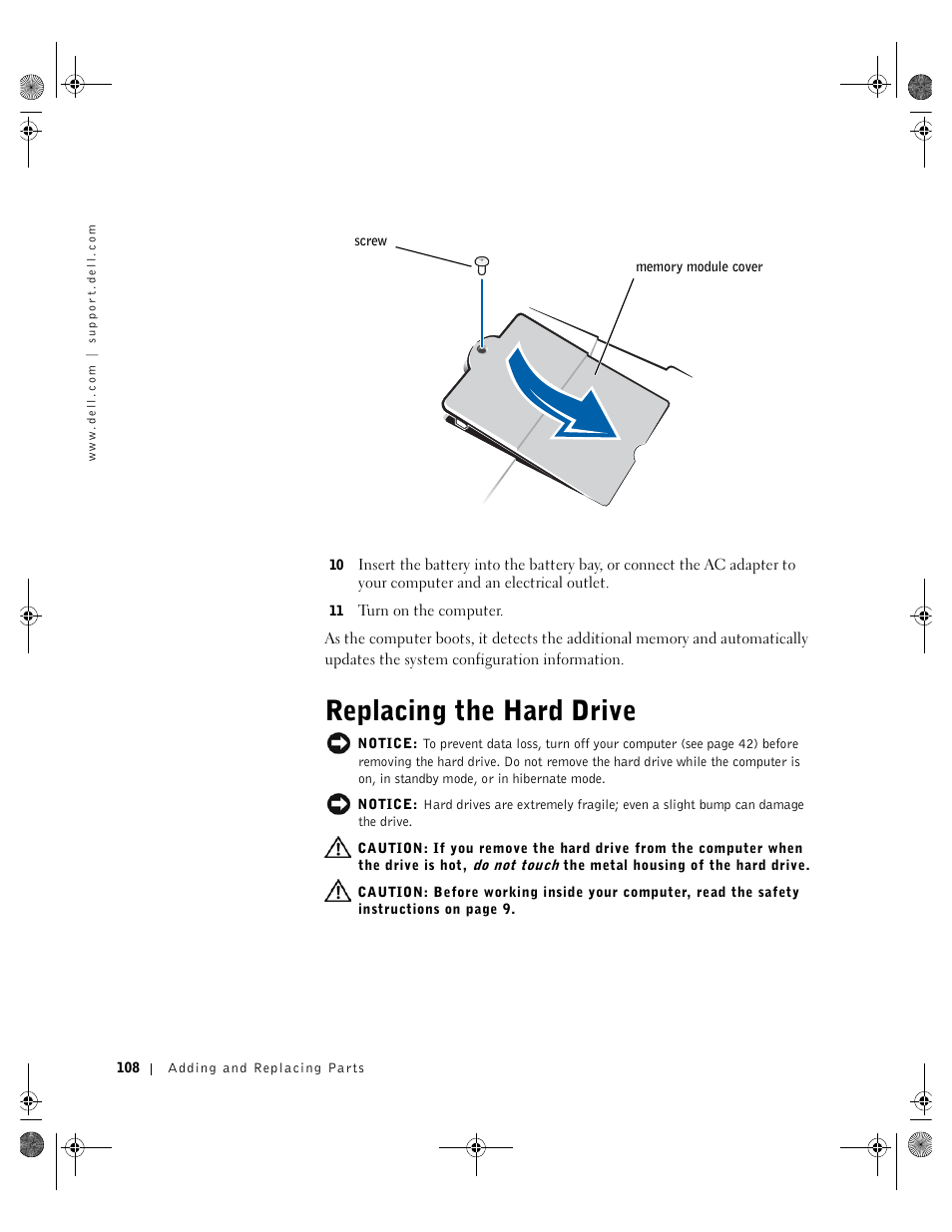Replacing the hard drive | Dell Inspiron 8200 User Manual | Page 108 / 162