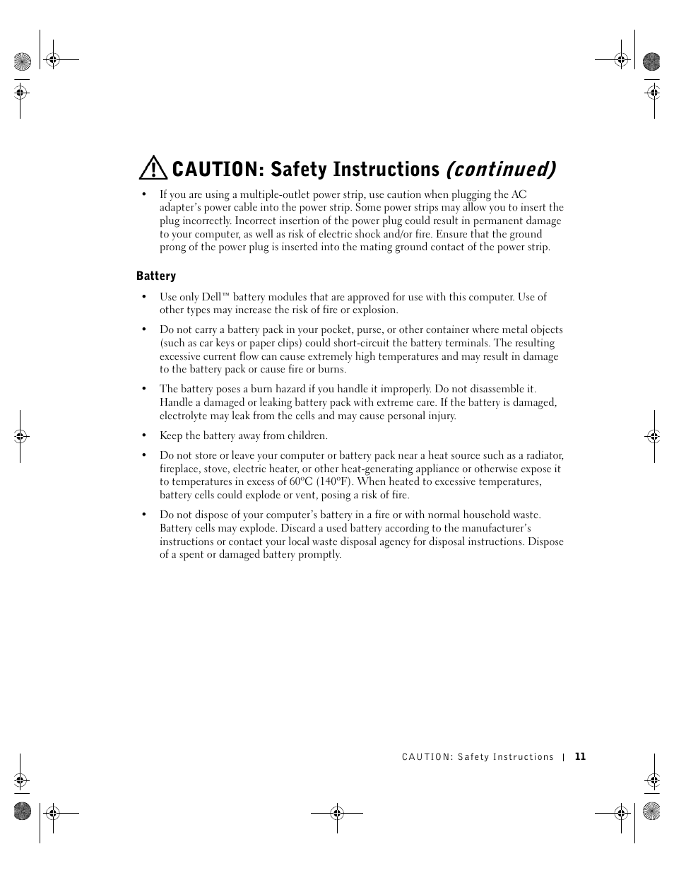 Battery, Continued), Caution: safety instructions | Dell Inspiron 8200 User Manual | Page 11 / 162