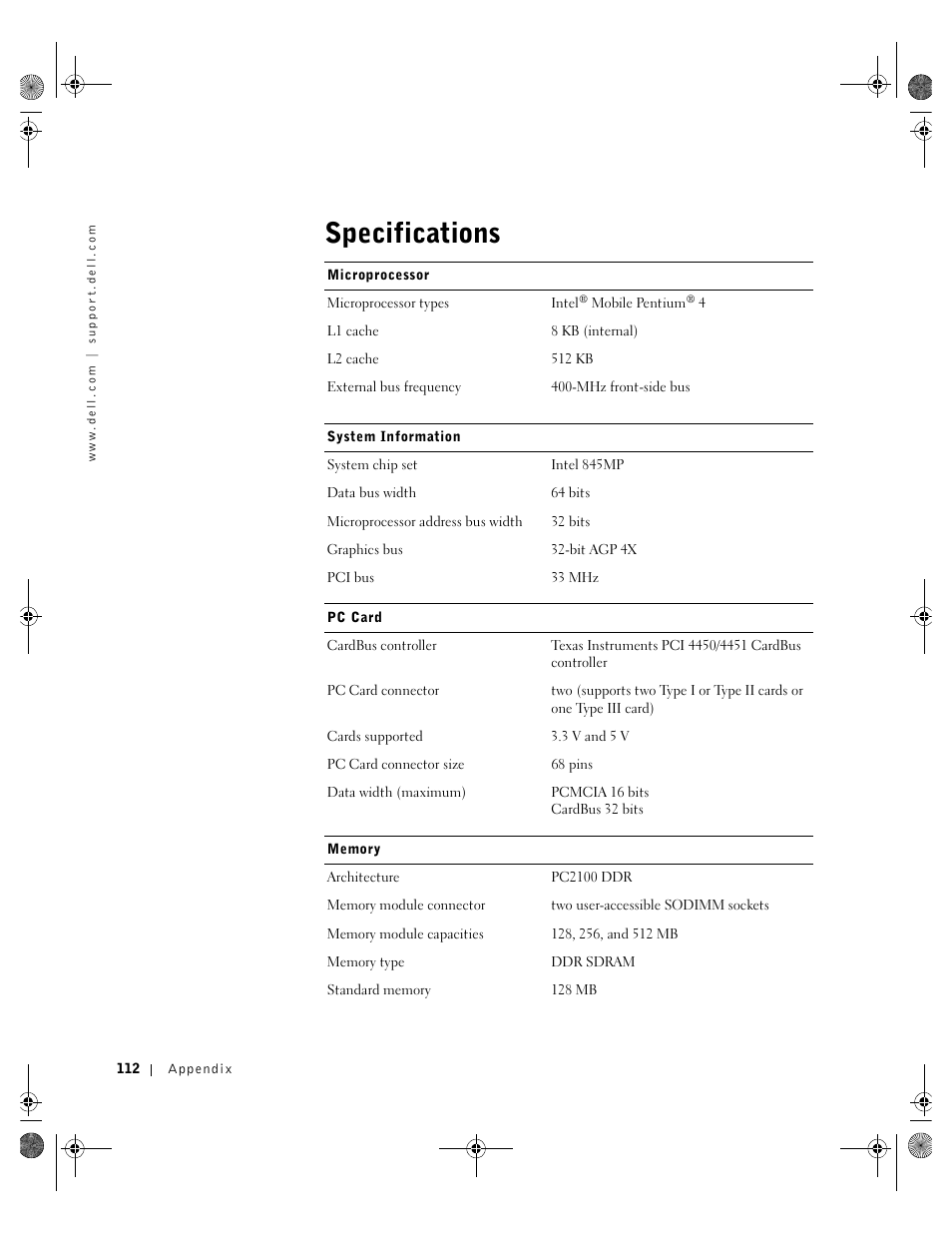 Specifications | Dell Inspiron 8200 User Manual | Page 112 / 162