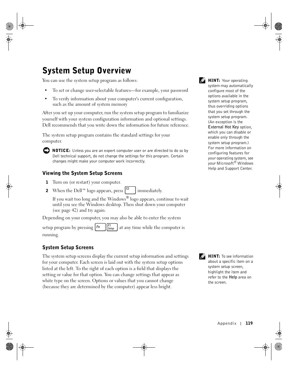 System setup overview, Viewing the system setup screens, System setup screens | Dell Inspiron 8200 User Manual | Page 119 / 162