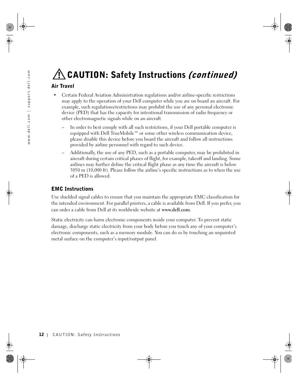 Air travel, Emc instructions, Continued) | Caution: safety instructions | Dell Inspiron 8200 User Manual | Page 12 / 162