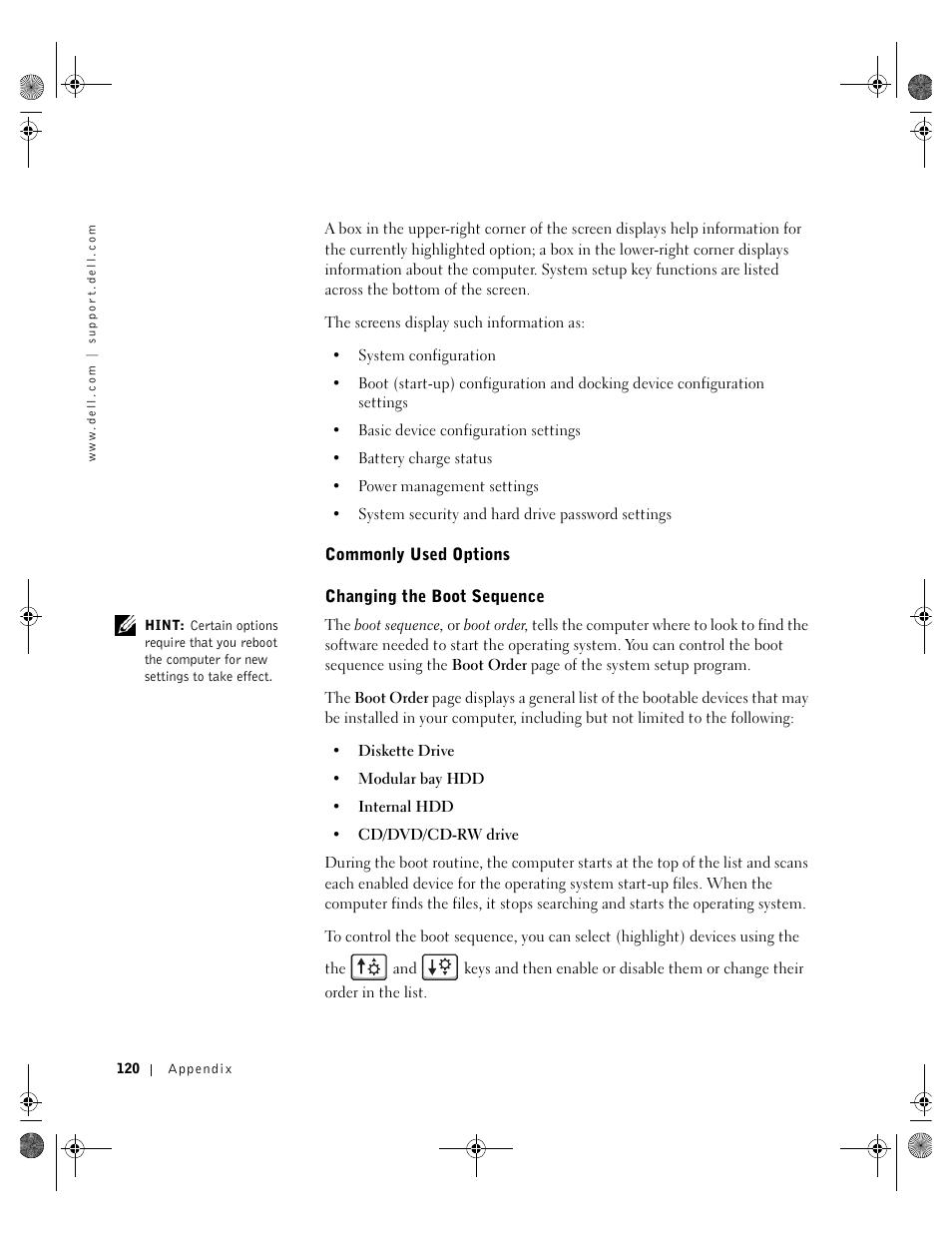 Commonly used options, Changing the boot sequence, Commonly used options changing the boot sequence | Dell Inspiron 8200 User Manual | Page 120 / 162