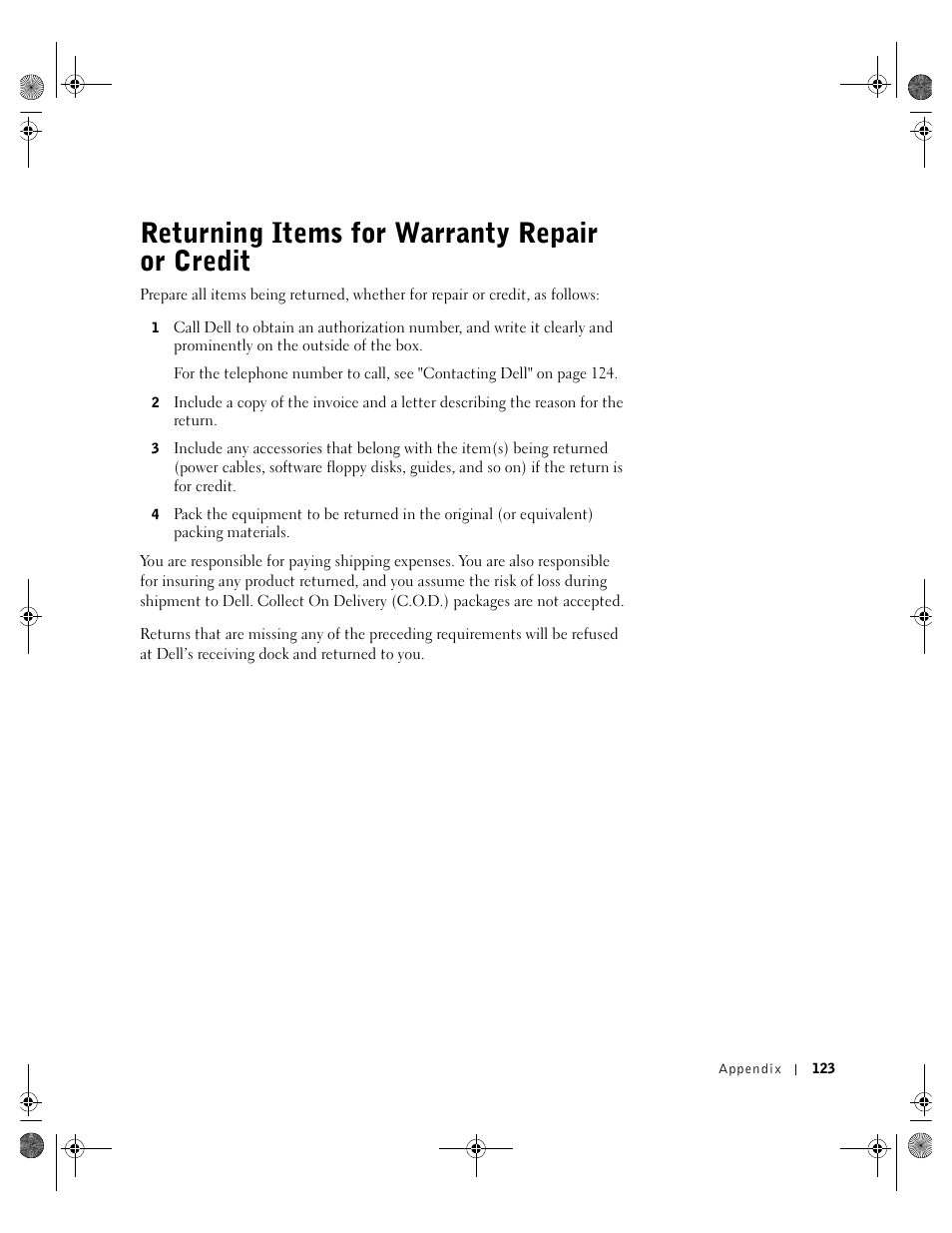 Returning items for warranty repair or credit | Dell Inspiron 8200 User Manual | Page 123 / 162
