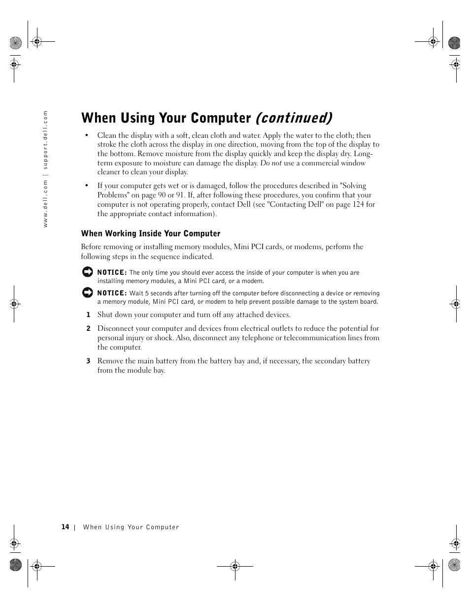 When working inside your computer, Continued), When using your computer | Dell Inspiron 8200 User Manual | Page 14 / 162