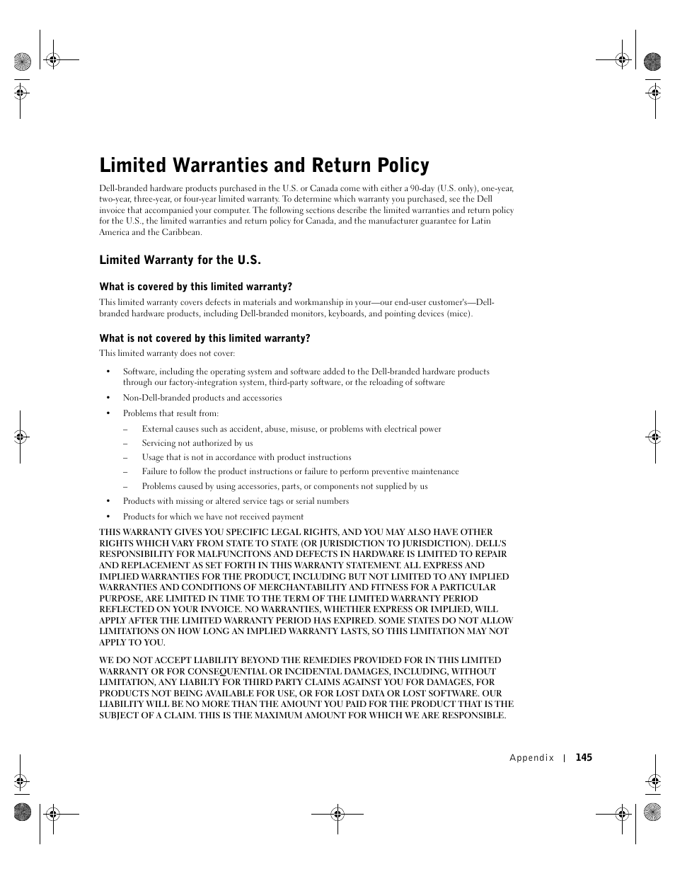 Limited warranties and return policy, Limited warranty for the u.s, Ee "limited | Dell Inspiron 8200 User Manual | Page 145 / 162