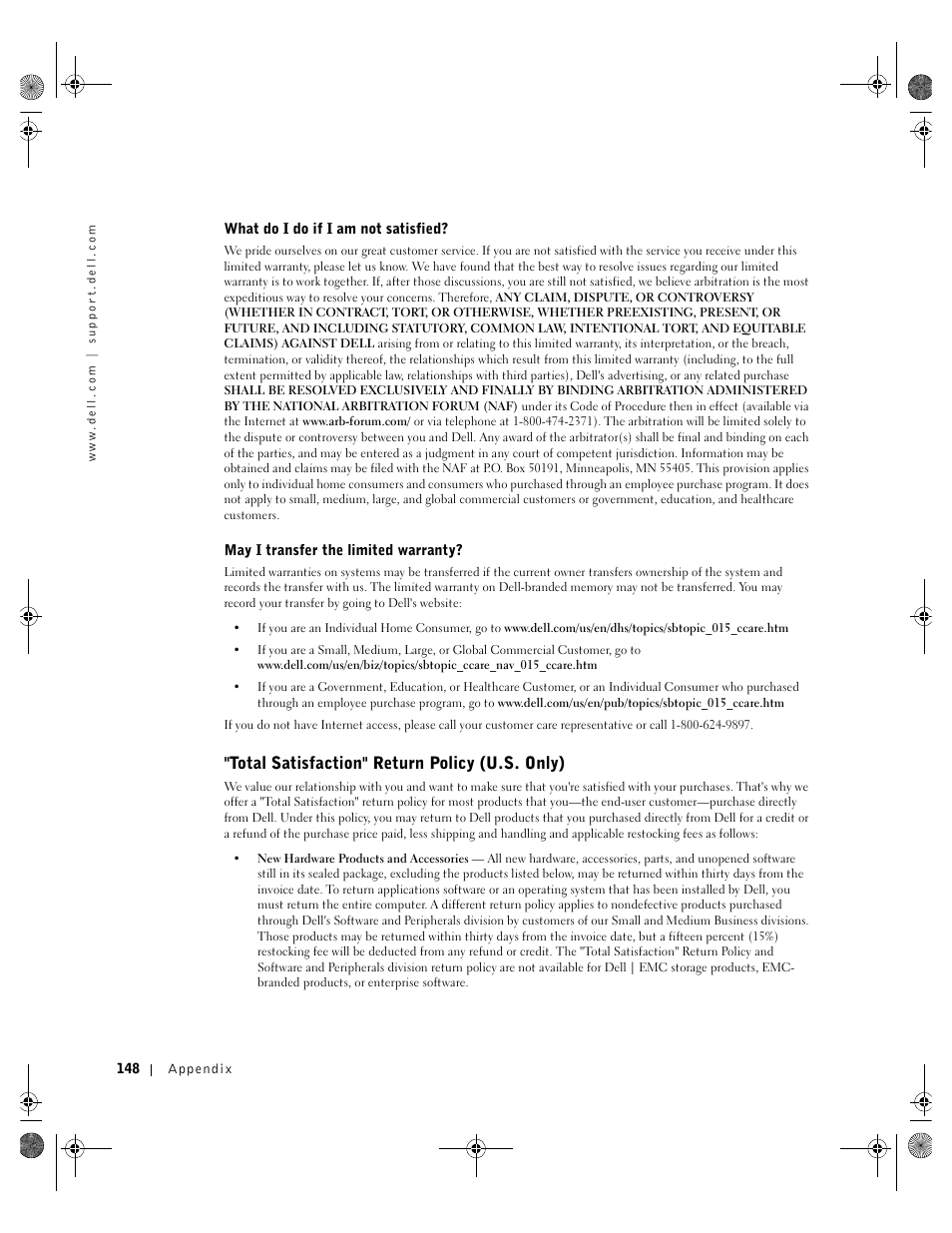 Total satisfaction" return policy (u.s. only) | Dell Inspiron 8200 User Manual | Page 148 / 162