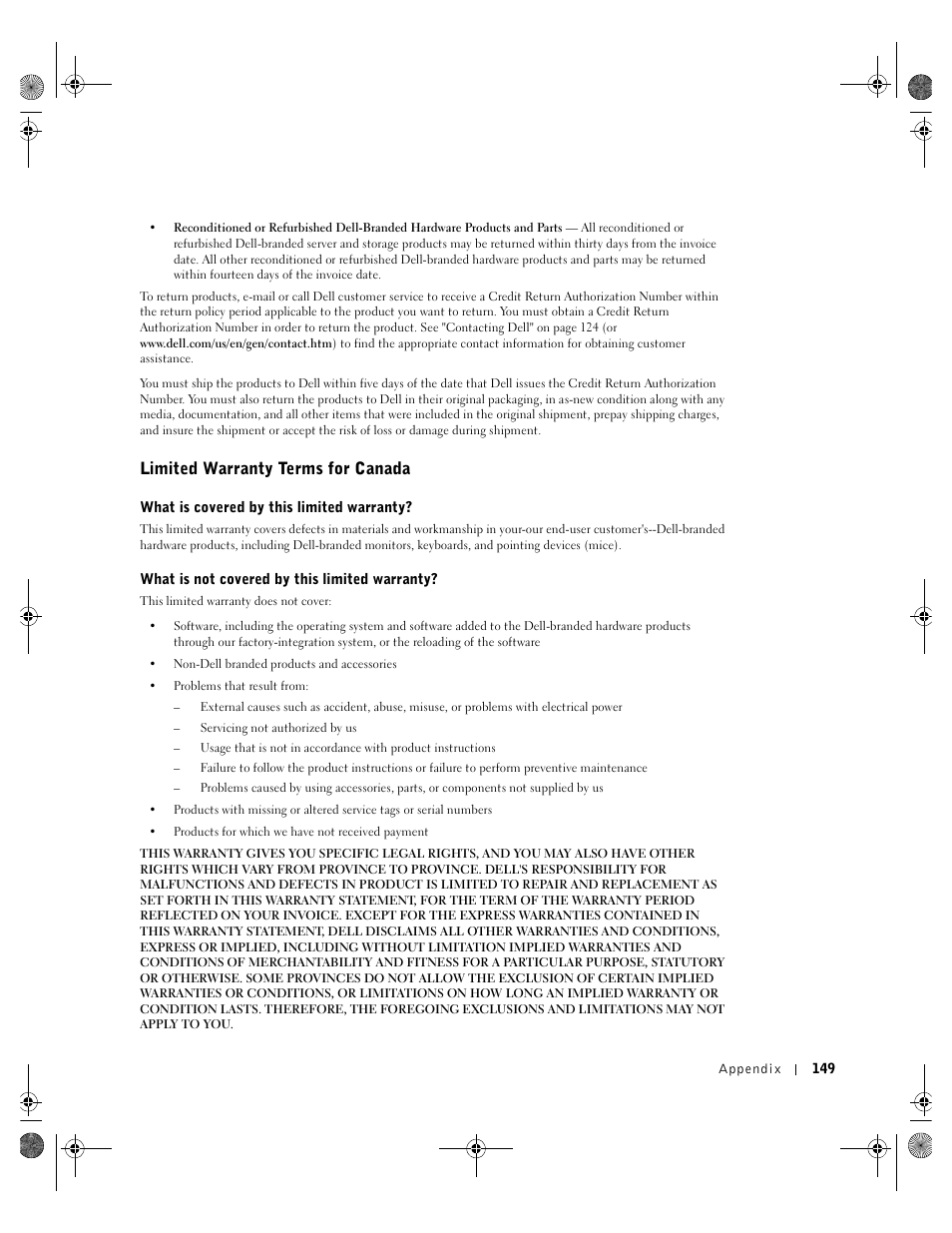 Limited warranty terms for canada | Dell Inspiron 8200 User Manual | Page 149 / 162