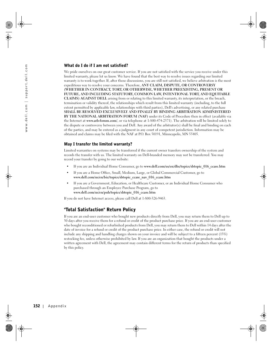Total satisfaction" return policy | Dell Inspiron 8200 User Manual | Page 152 / 162