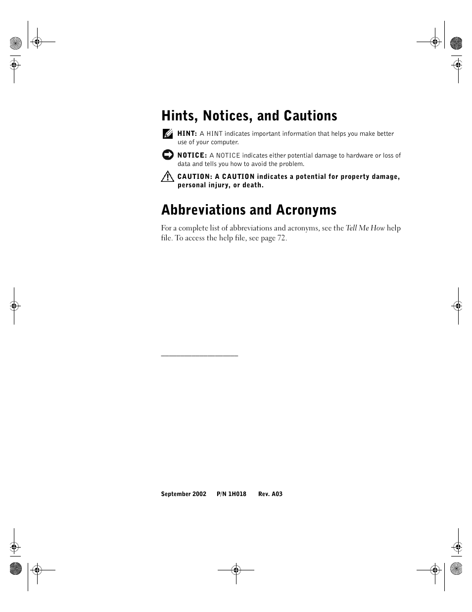 Hints, notices, and cautions, Abbreviations and acronyms | Dell Inspiron 8200 User Manual | Page 2 / 162