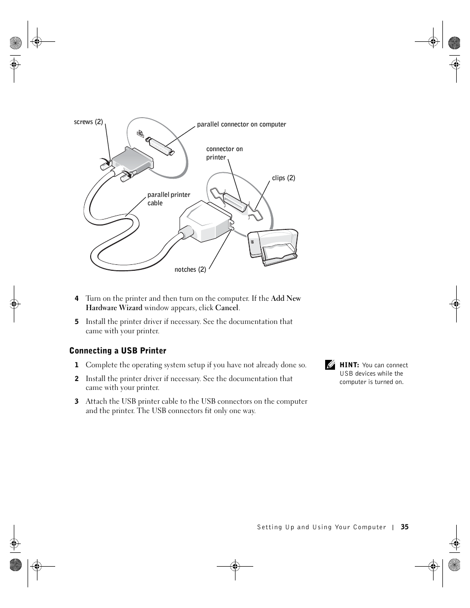 Connecting a usb printer | Dell Inspiron 8200 User Manual | Page 35 / 162