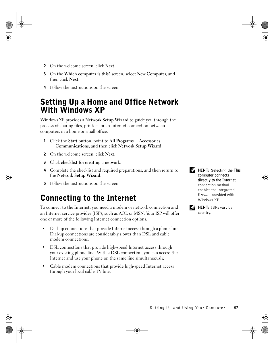 Connecting to the internet, Setting up a home and office network with, Windows xp | Dell Inspiron 8200 User Manual | Page 37 / 162
