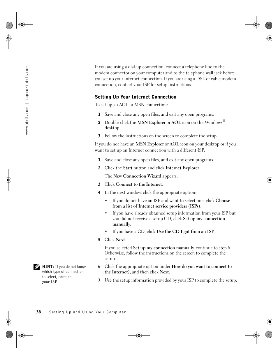 Setting up your internet connection | Dell Inspiron 8200 User Manual | Page 38 / 162