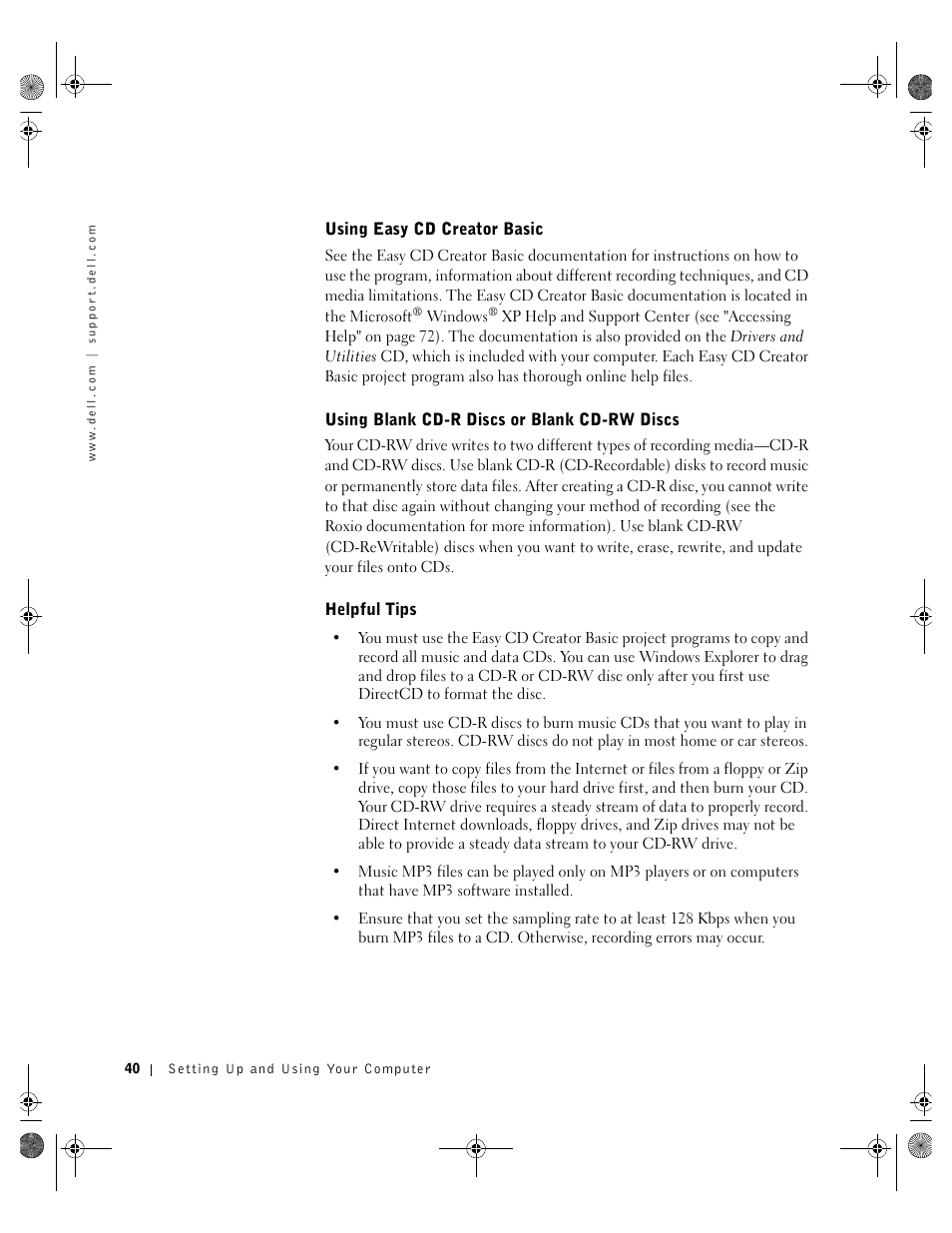 Using easy cd creator basic, Using blank cd-r discs or blank cd-rw discs, Helpful tips | Dell Inspiron 8200 User Manual | Page 40 / 162