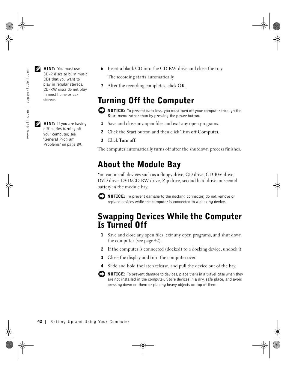 Turning off the computer, About the module bay, Swapping devices while the computer is turned off | Dell Inspiron 8200 User Manual | Page 42 / 162