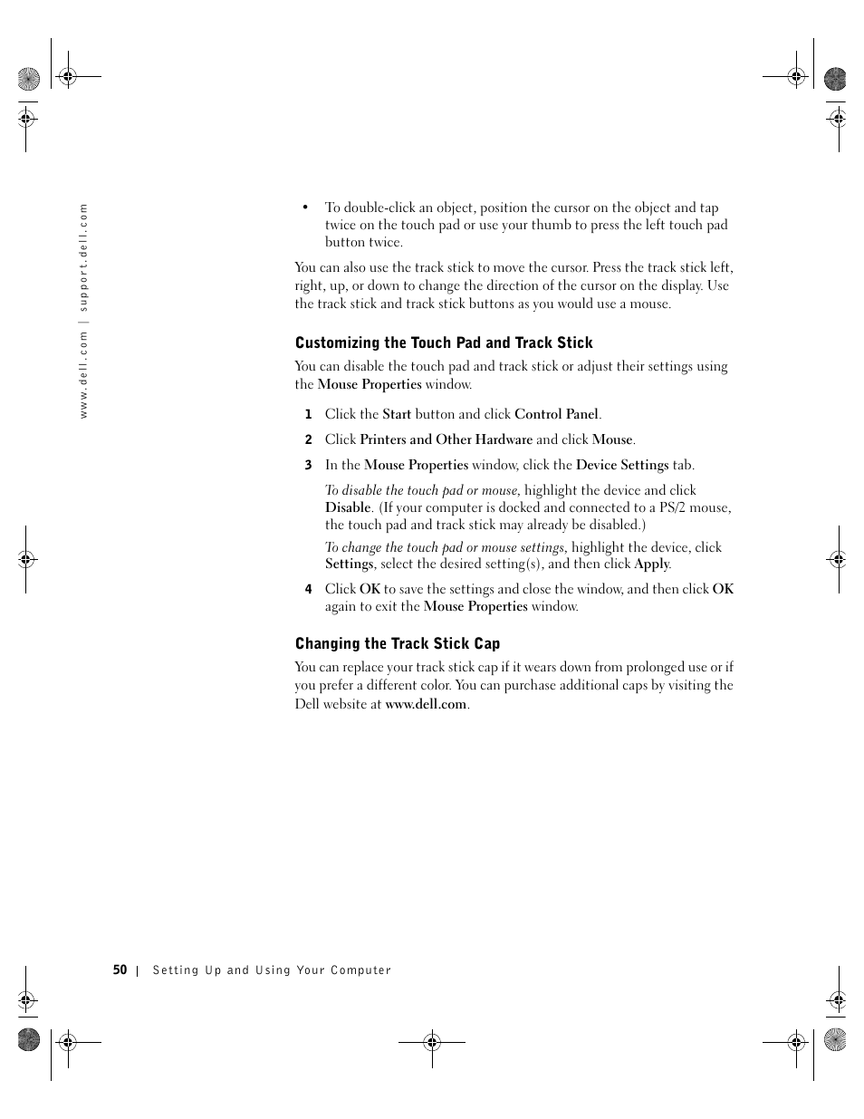 Customizing the touch pad and track stick, Changing the track stick cap | Dell Inspiron 8200 User Manual | Page 50 / 162
