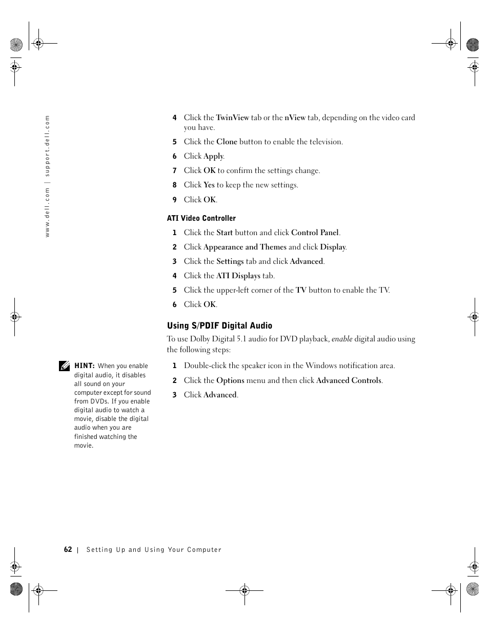 Using s/pdif digital audio | Dell Inspiron 8200 User Manual | Page 62 / 162