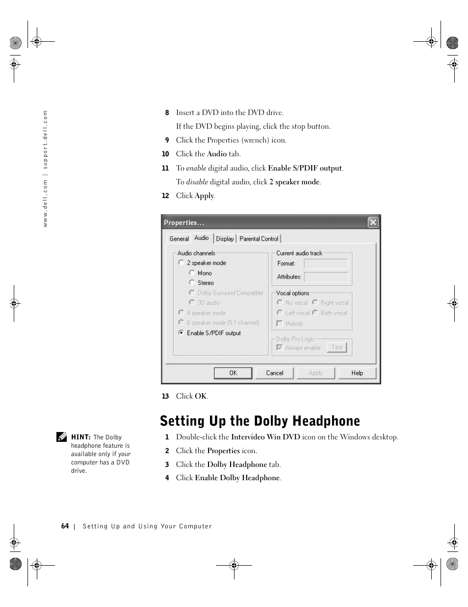 Setting up the dolby headphone | Dell Inspiron 8200 User Manual | Page 64 / 162