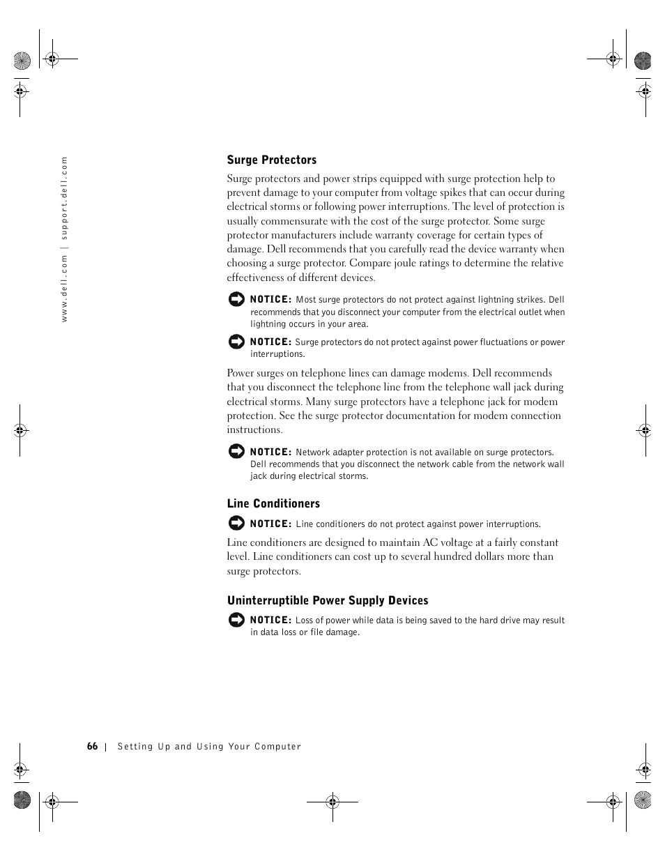 Surge protectors, Line conditioners, Uninterruptible power supply devices | Dell Inspiron 8200 User Manual | Page 66 / 162