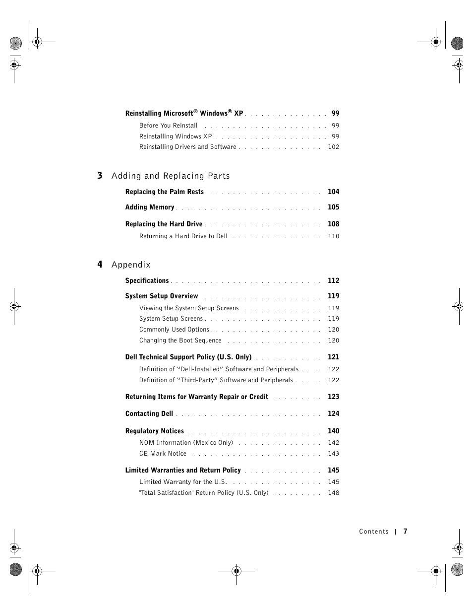 3 adding and replacing parts, 4 appendix | Dell Inspiron 8200 User Manual | Page 7 / 162