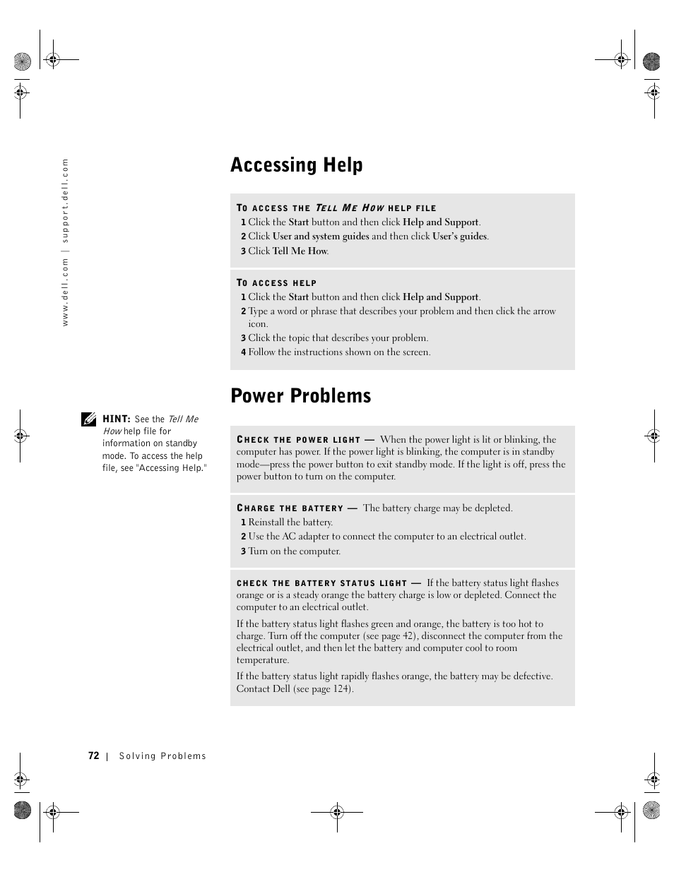 Accessing help, Power problems, Accessing help power problems | Dell Inspiron 8200 User Manual | Page 72 / 162