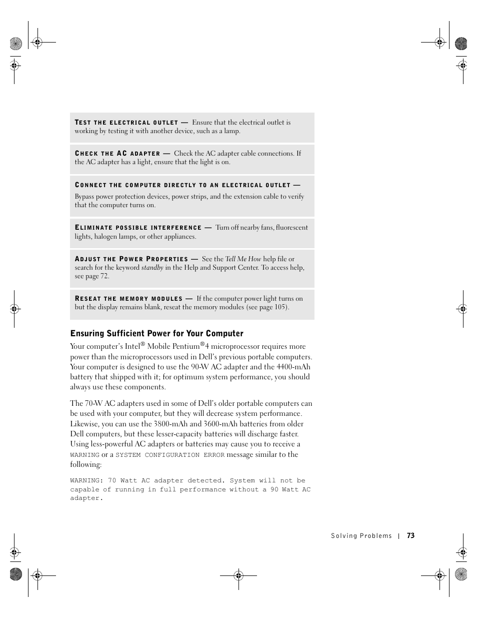 Ensuring sufficient power for your computer | Dell Inspiron 8200 User Manual | Page 73 / 162