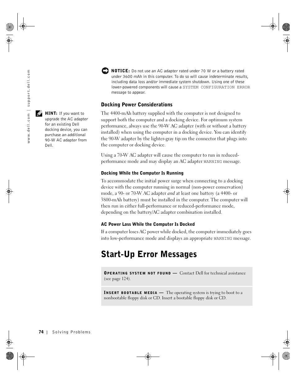 Start-up error messages, Docking power considerations | Dell Inspiron 8200 User Manual | Page 74 / 162