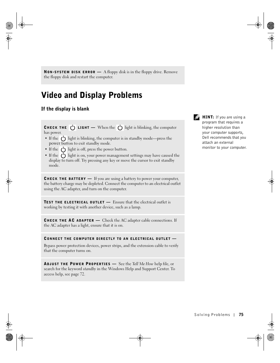 Video and display problems, If the display is blank | Dell Inspiron 8200 User Manual | Page 75 / 162