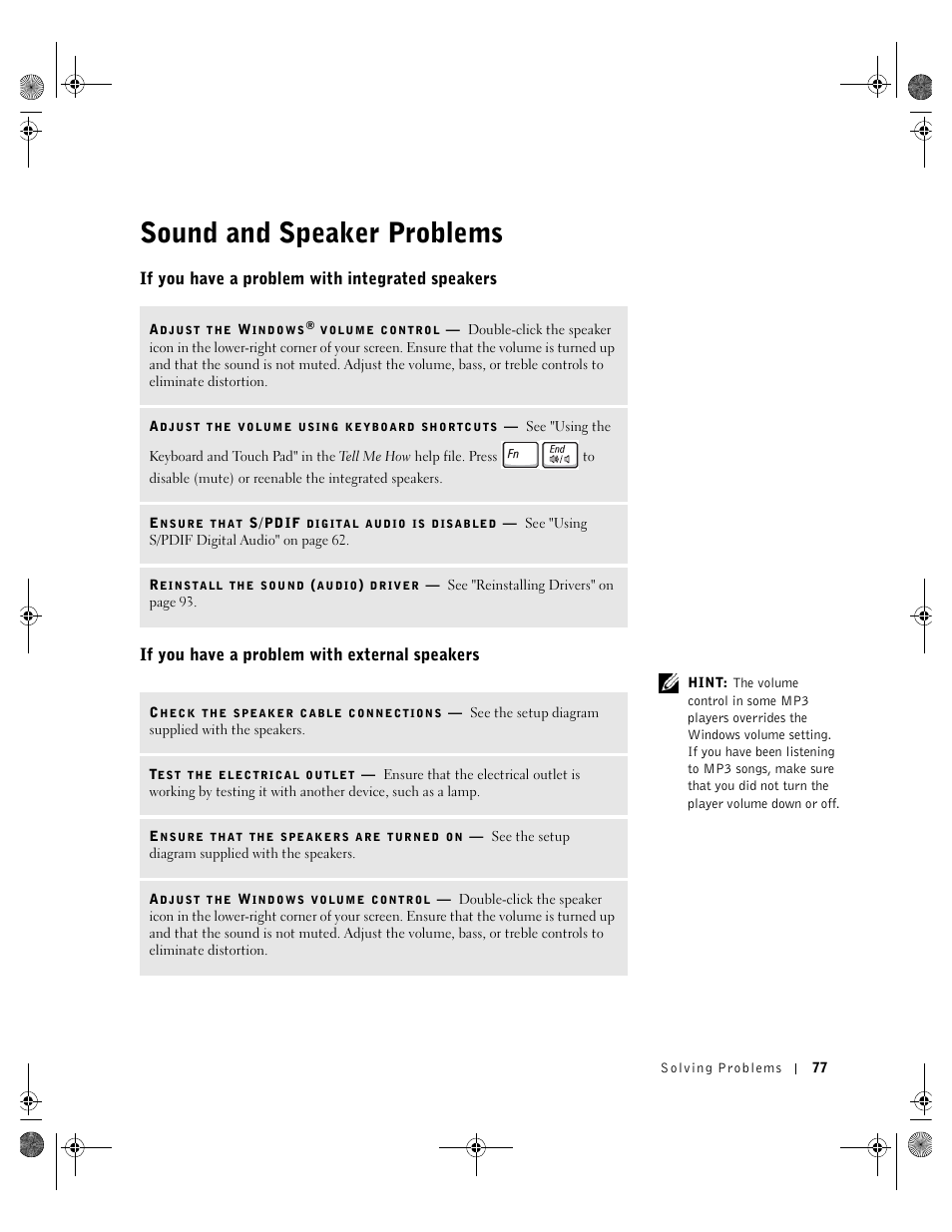 Sound and speaker problems, If you have a problem with integrated speakers, If you have a problem with external speakers | Dell Inspiron 8200 User Manual | Page 77 / 162