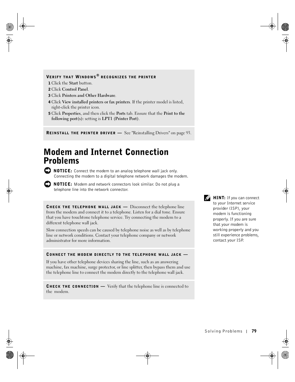 Modem and internet connection problems | Dell Inspiron 8200 User Manual | Page 79 / 162