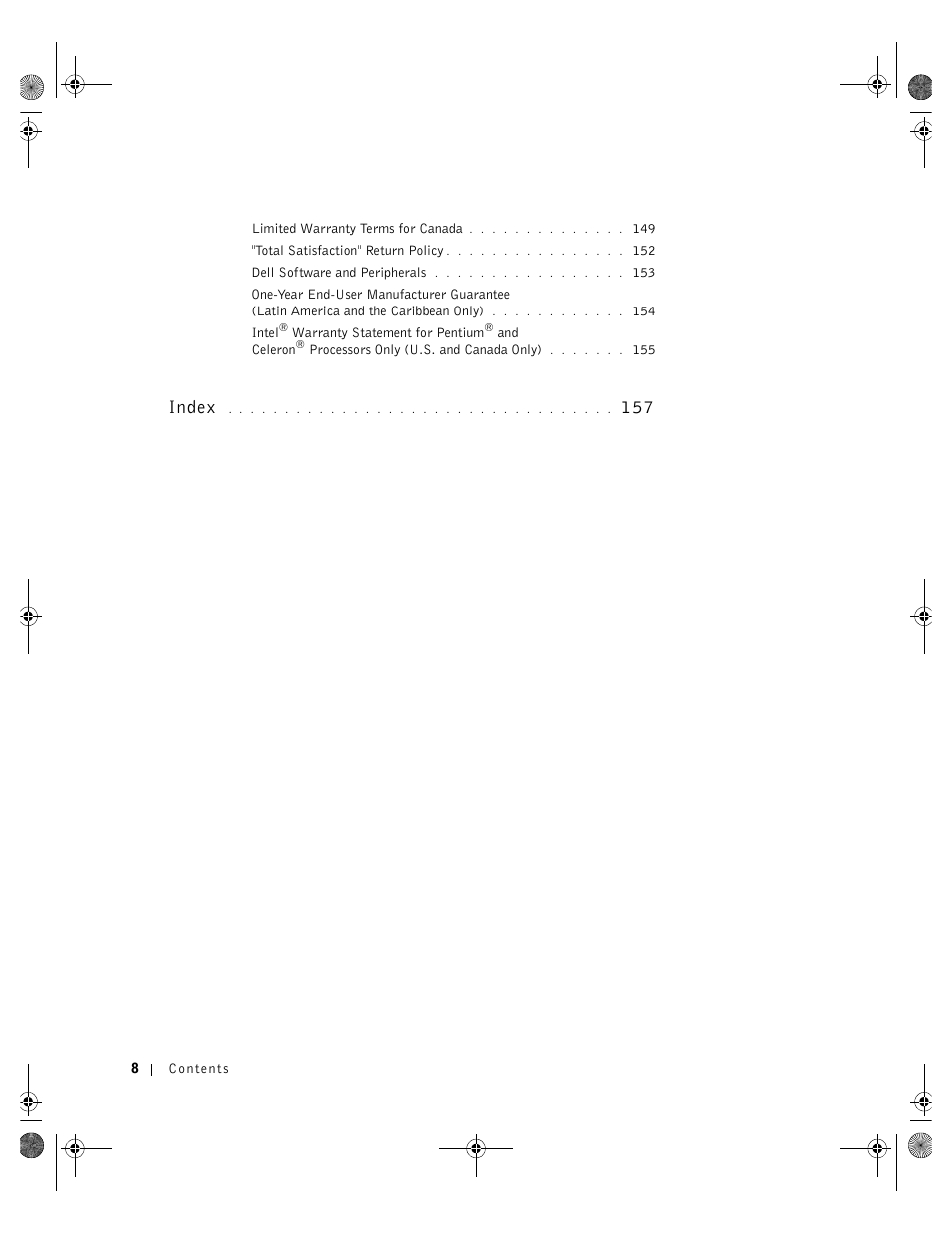 Index 157, Index | Dell Inspiron 8200 User Manual | Page 8 / 162