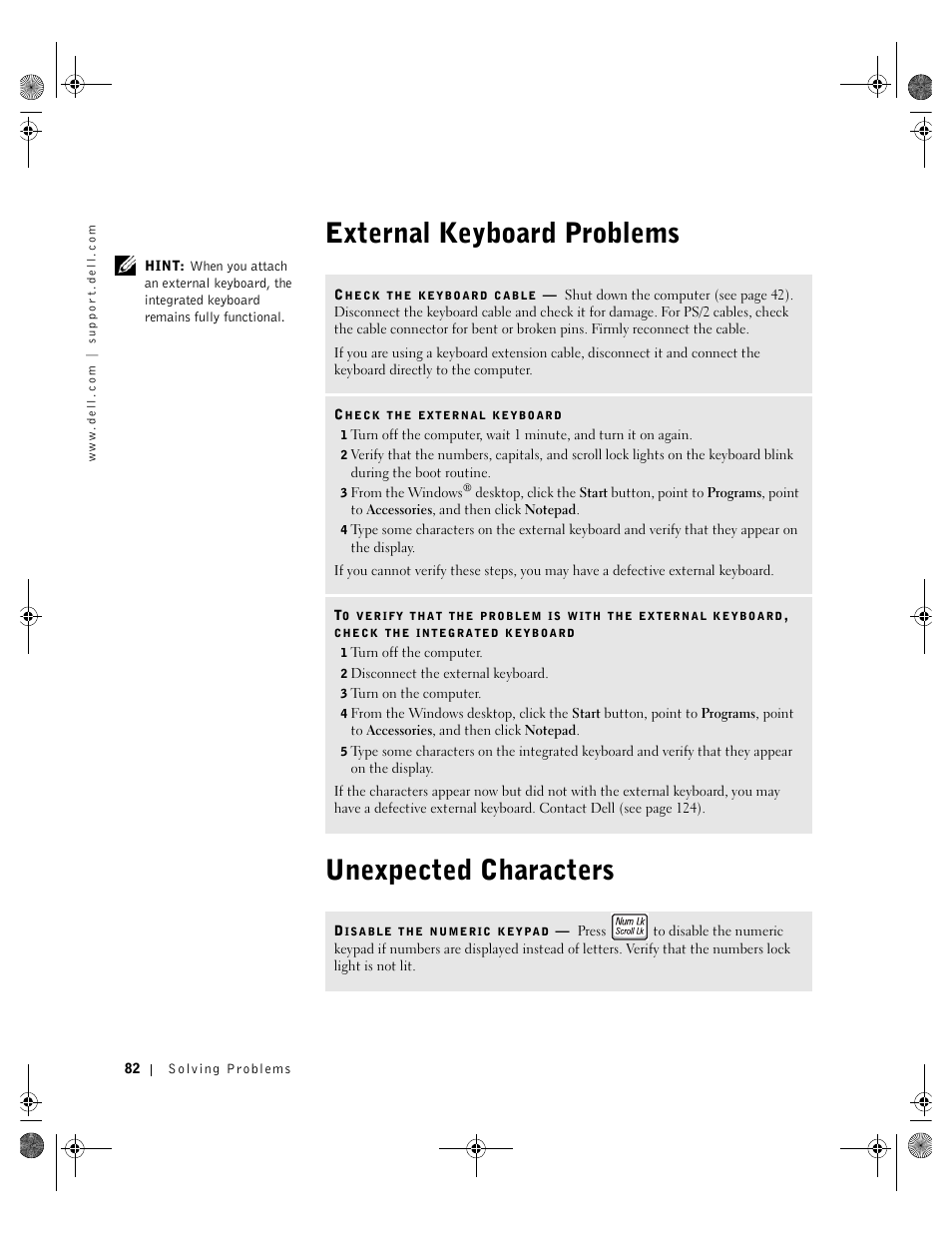 External keyboard problems, Unexpected characters | Dell Inspiron 8200 User Manual | Page 82 / 162