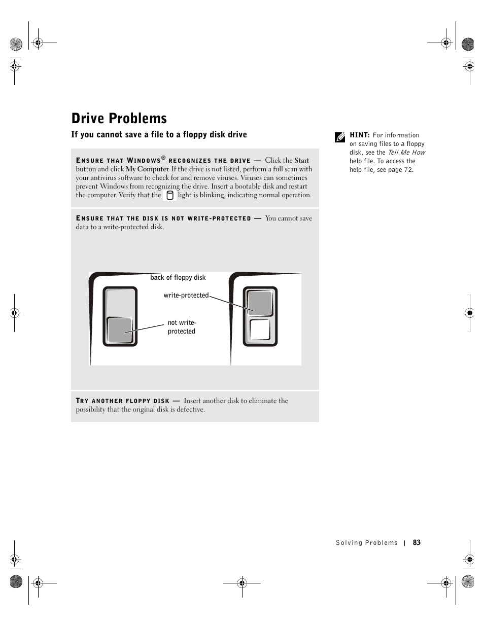 Drive problems, If you cannot save a file to a floppy disk drive | Dell Inspiron 8200 User Manual | Page 83 / 162