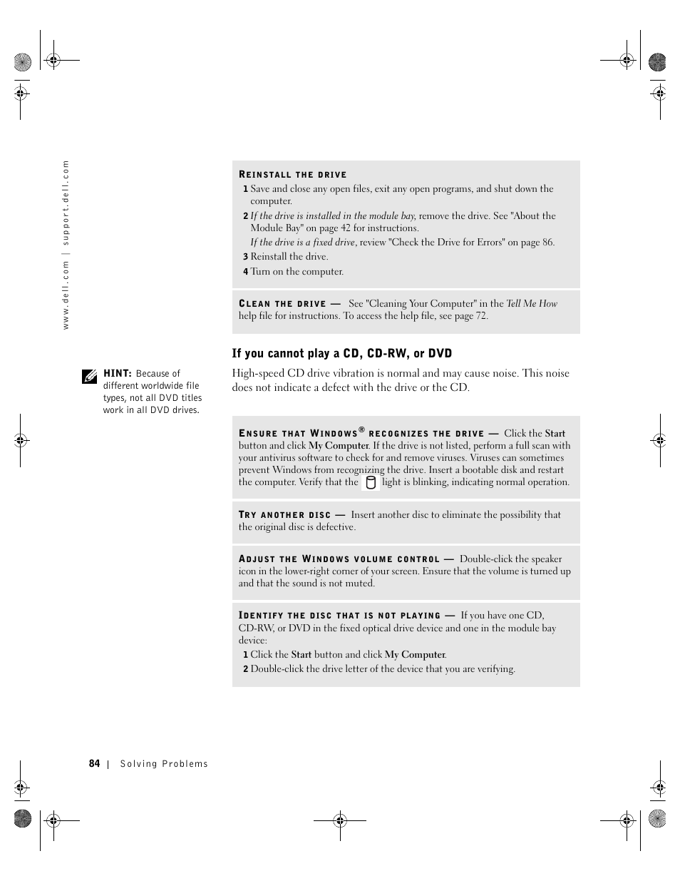If you cannot play a cd, cd-rw, or dvd | Dell Inspiron 8200 User Manual | Page 84 / 162