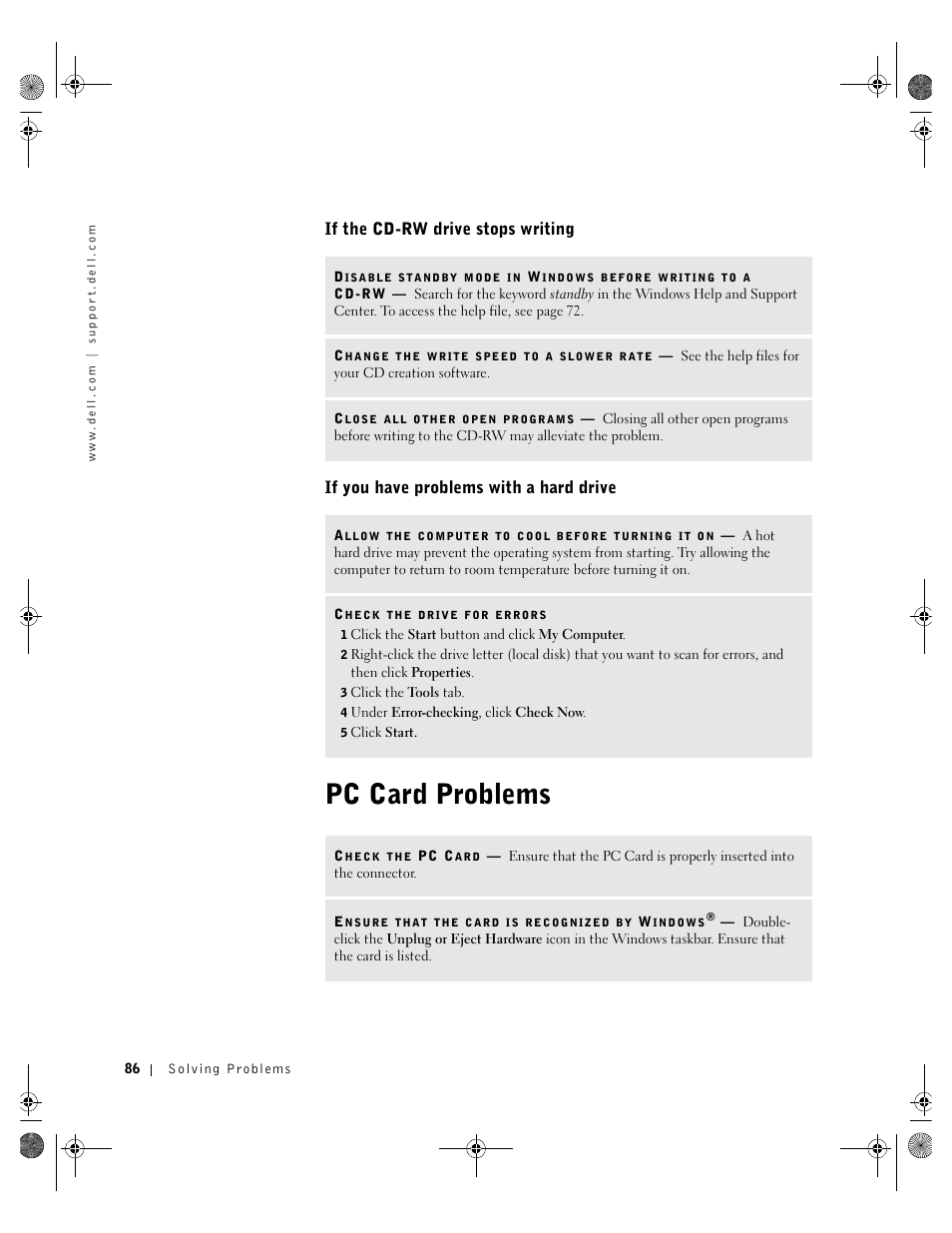 Pc card problems, If the cd-rw drive stops writing, If you have problems with a hard drive | Dell Inspiron 8200 User Manual | Page 86 / 162
