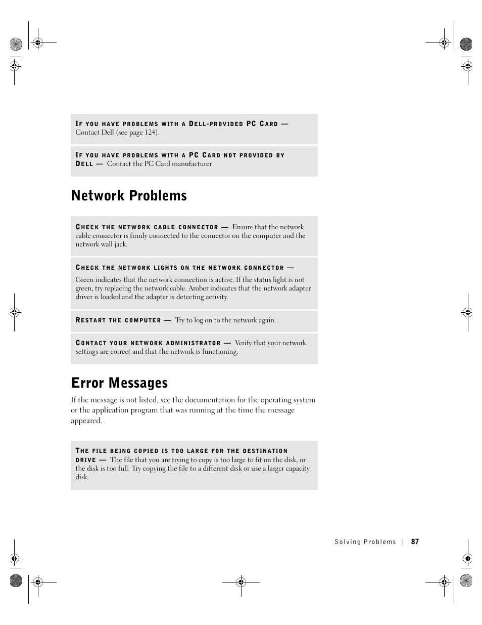 Network problems, Error messages, Network problems error messages | Dell Inspiron 8200 User Manual | Page 87 / 162
