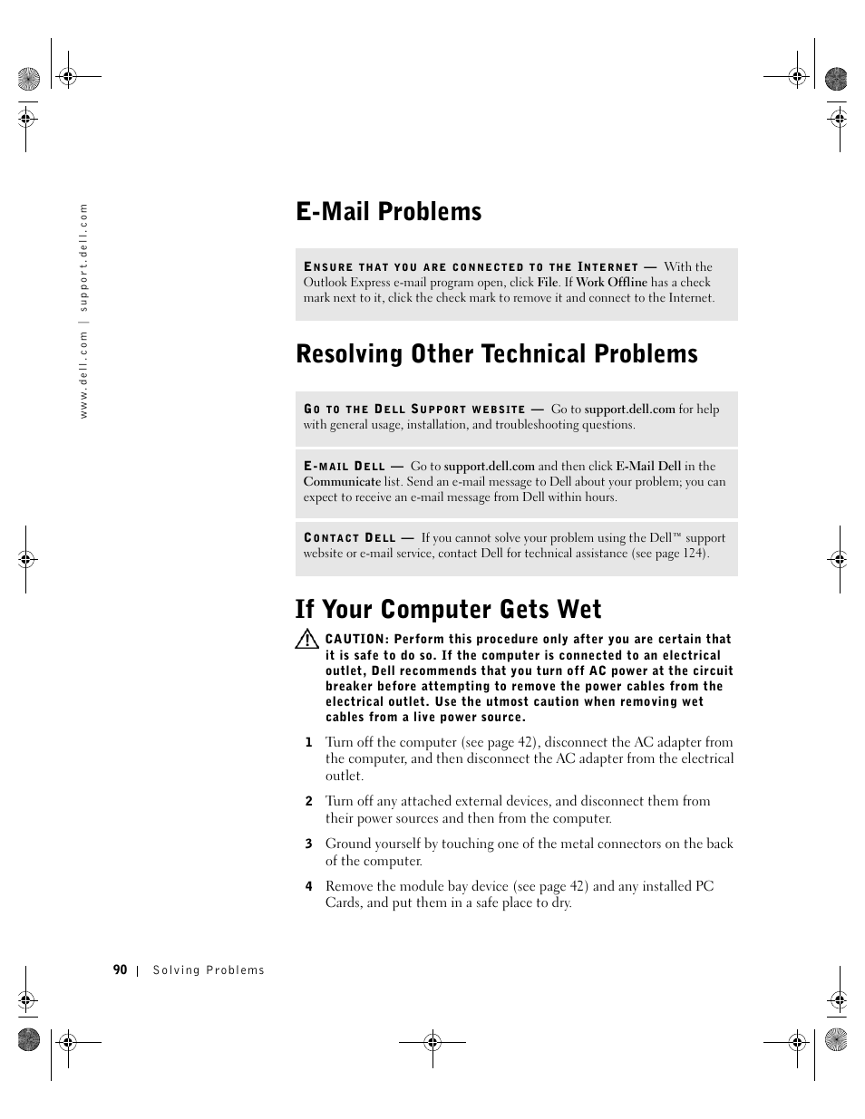 E-mail problems, Resolving other technical problems, If your computer gets wet | Dell Inspiron 8200 User Manual | Page 90 / 162